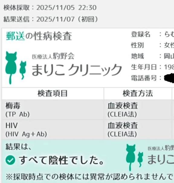 検査結果、全て陰性でした。