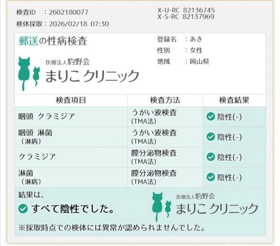 🌸今月の性病検査結果🌸