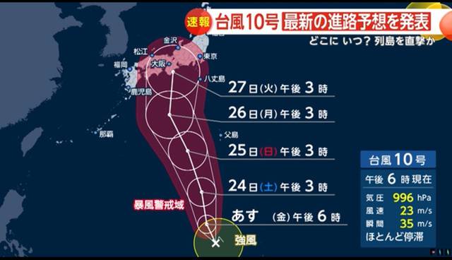 台風10号もっとも関東に接近27日火曜日