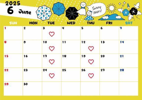 【お知らせ】6月出勤予定☔️