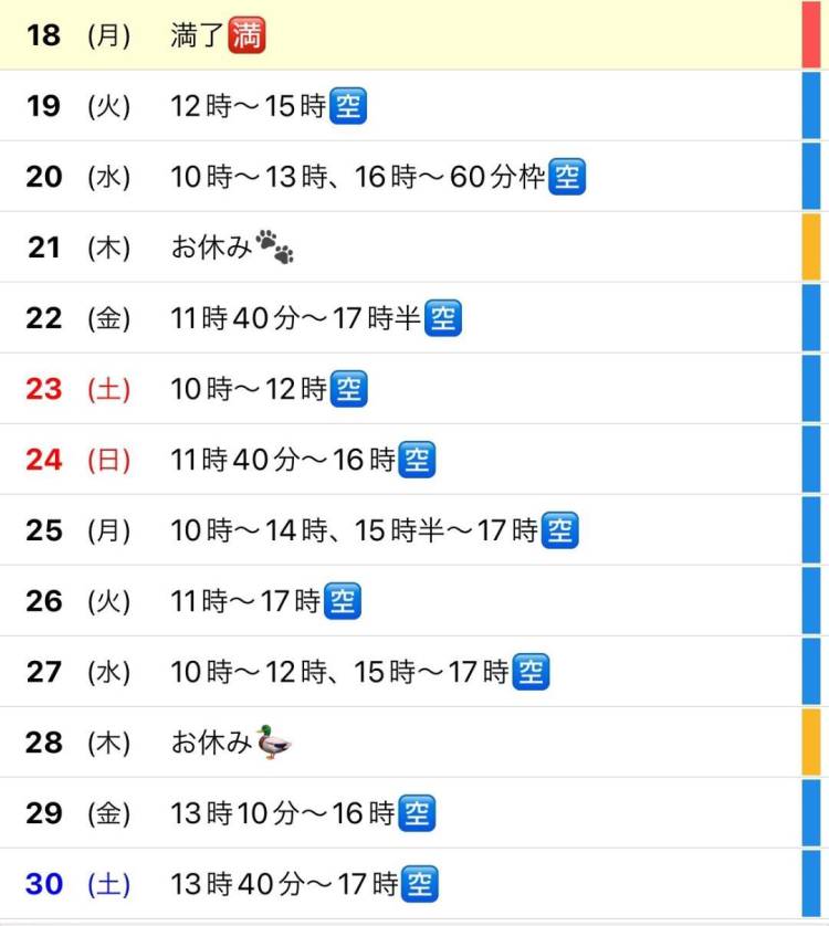 11月の空き枠