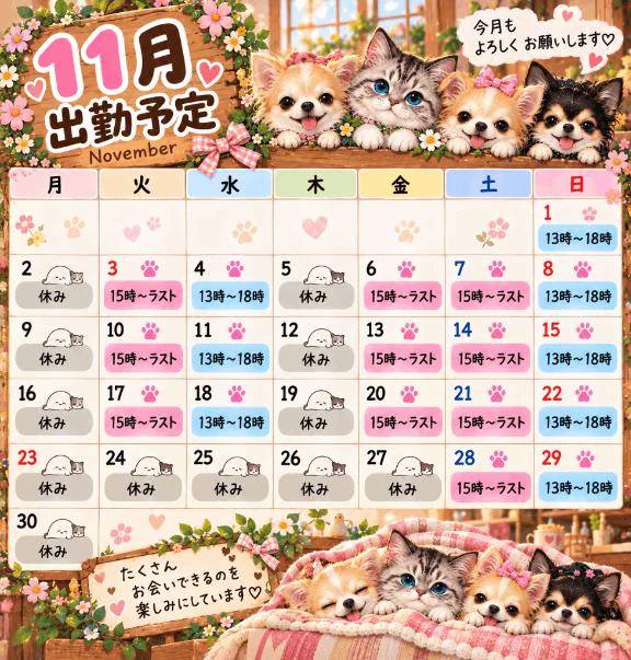 ☆11月出勤予定☆